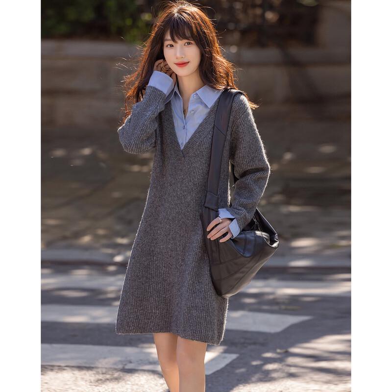 Demana Winter Faux 2-Piece Colorblock Wool Blend A-Line Dress with Belt