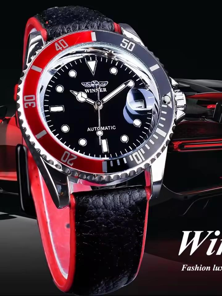 WINNER 002 Men's Mechanical Watch Fashion Luxury Style Automatic Date Black Leather Strap Wristwatch for Male