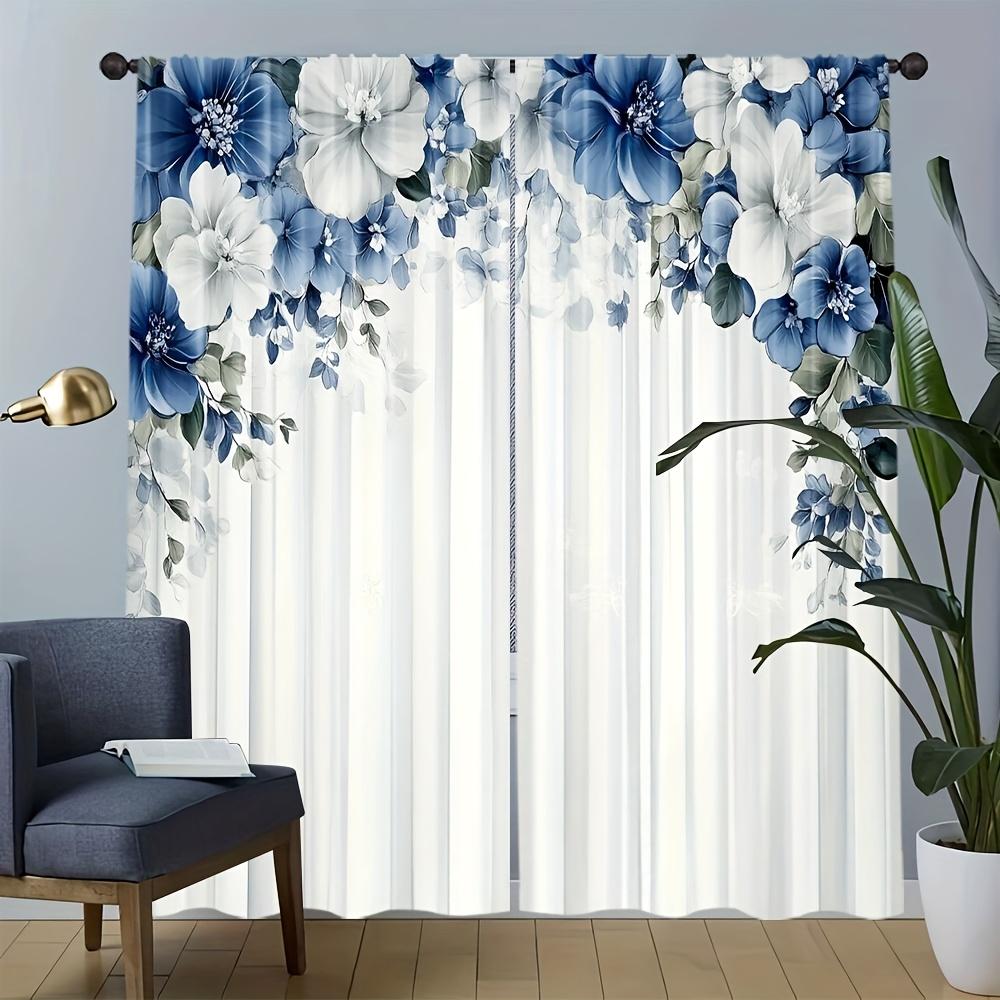 2 Pcs Elegant Blue & White Floral Curtains – Rod Pocket Design for Bedroom Living Room Kitchen Study   All-Season Home Decor