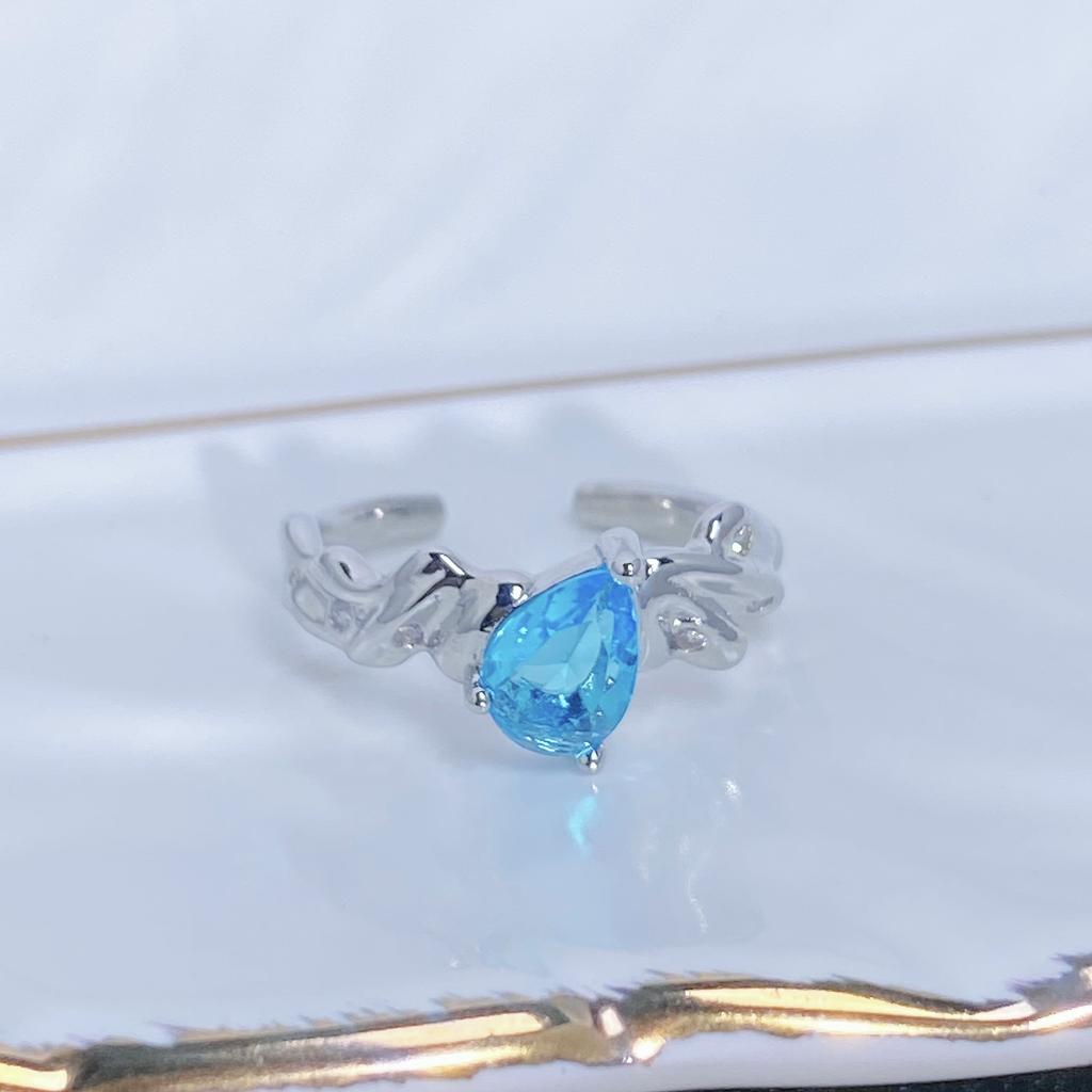 Caibao Personalized Sea Blue Micro-Inlaid Zir*****Pen Ring Female Geometric Niche Light Luxury High-End Ring Female