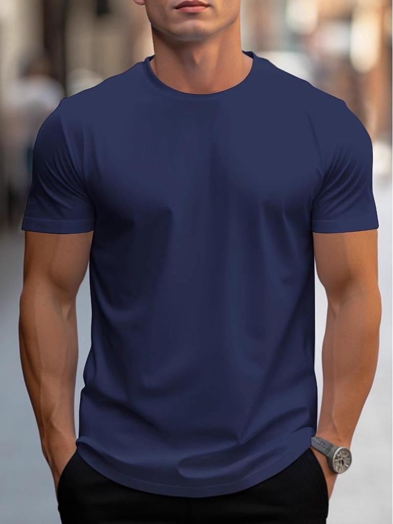 Unisex European Round Neck Short Sleeve T-shirt - Solid Color, Regular Fit