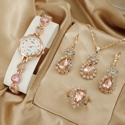 Women Quartz Watch Rhinestone Necklace Earrings Ring Watches Wristwatch