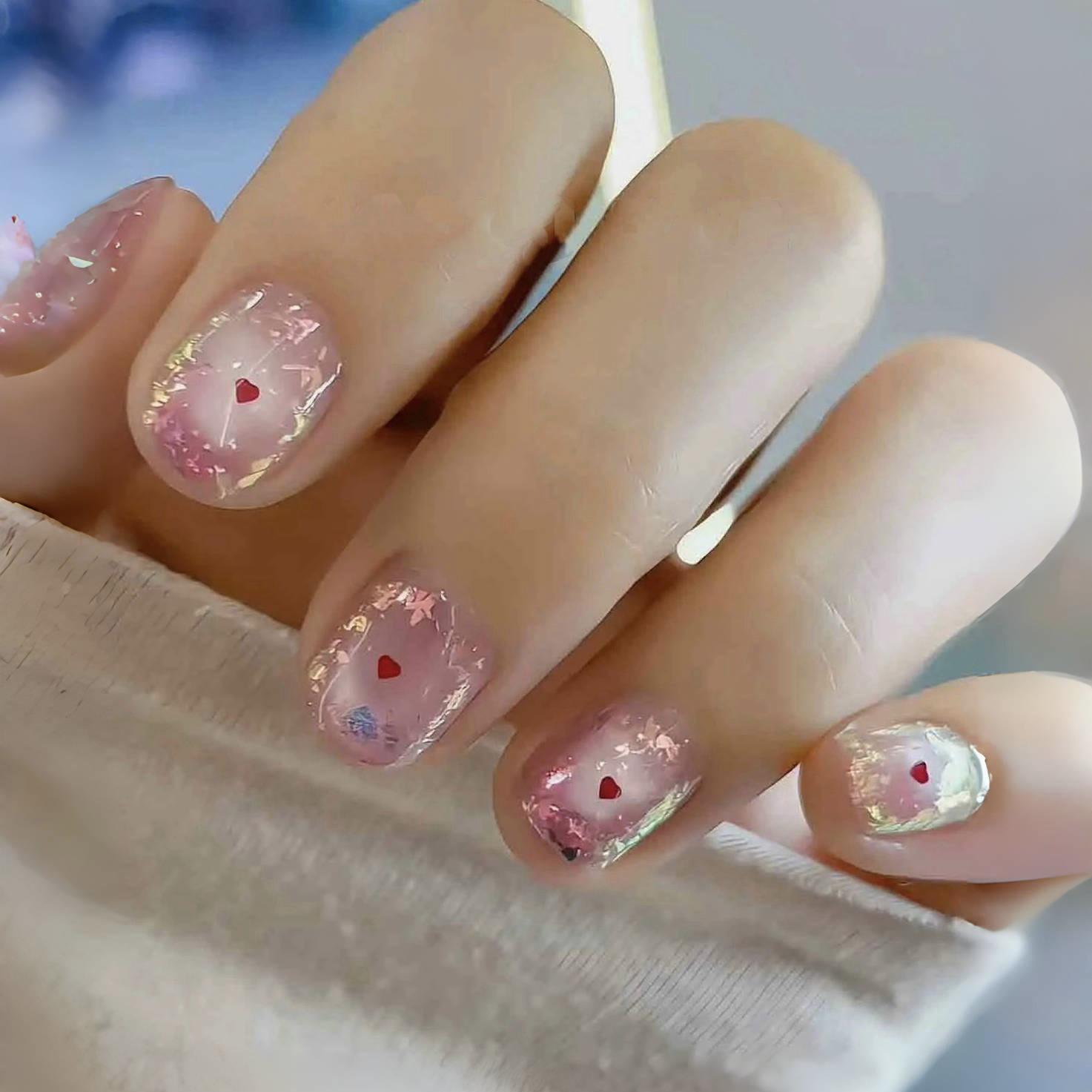 

Little Heart Laser Cat Eye Wearable Nails: Cute Korean Style Solid Color Nail Art Patches