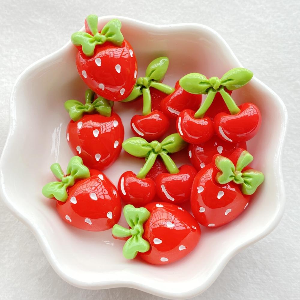 10Pcs New Cute Resin Red Cherries, Strawberries Flat Back Fit Phone Deco Parts Embellishments For Hair Bows Accessories