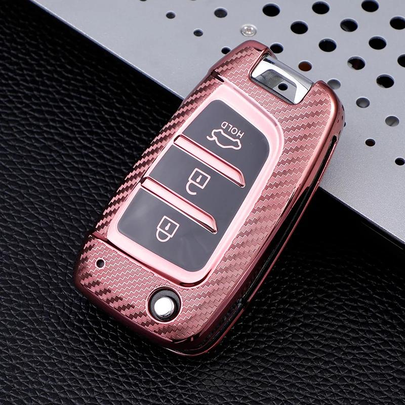 Carbon Fiber TPU Car Flip Key Case Cover for Hyundai Elantra Solaris Tucson I30 I35 I40 KONA Genesis Santa Fe Azera Holder Shell