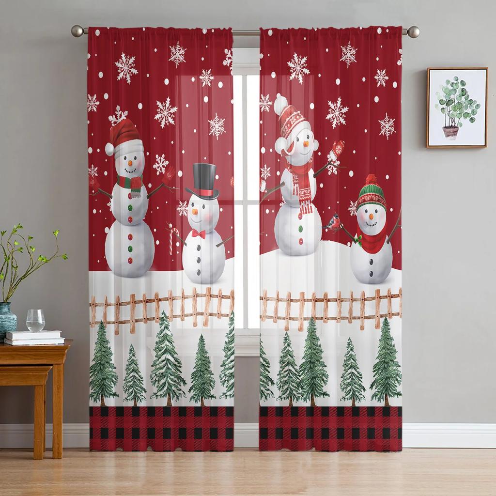 Light Filtering Christmas Snowman Snow Scene Tulle Curtains Living Room Bedroom Decoration Transparent Chiffon Voile Window Curtain Polyester Washable