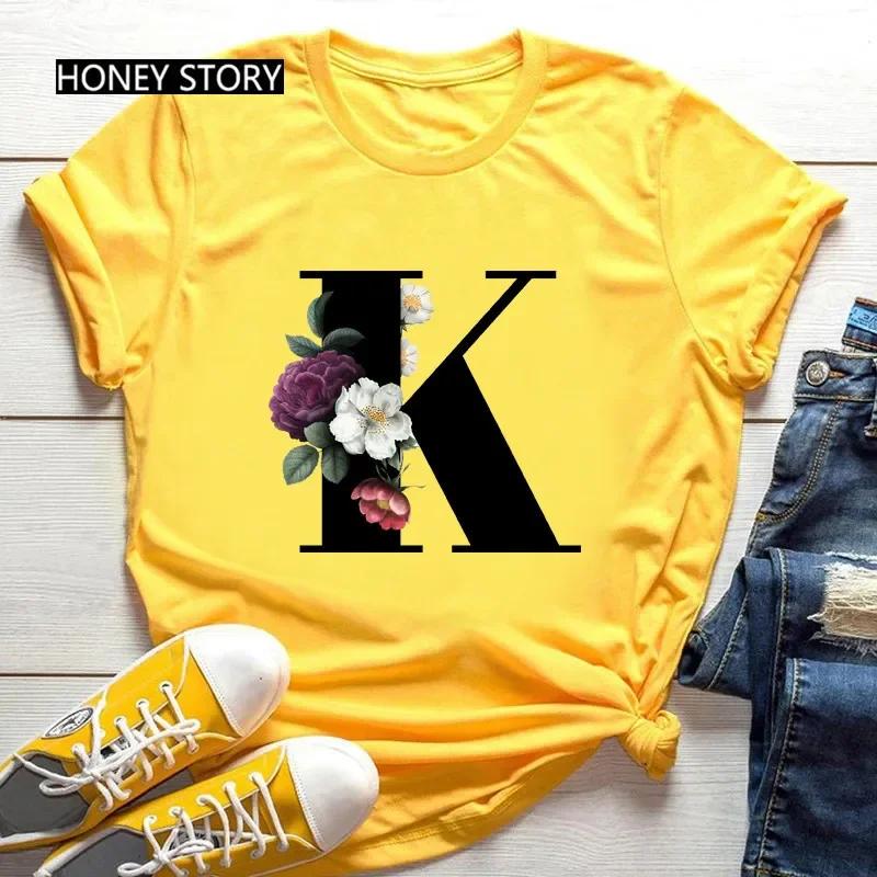 Women's Summer Short Sleeve T-Shirts Fashionable Casual Round Neck 26 English Letters Flower & Name Letter Printed Cotton T-shirts