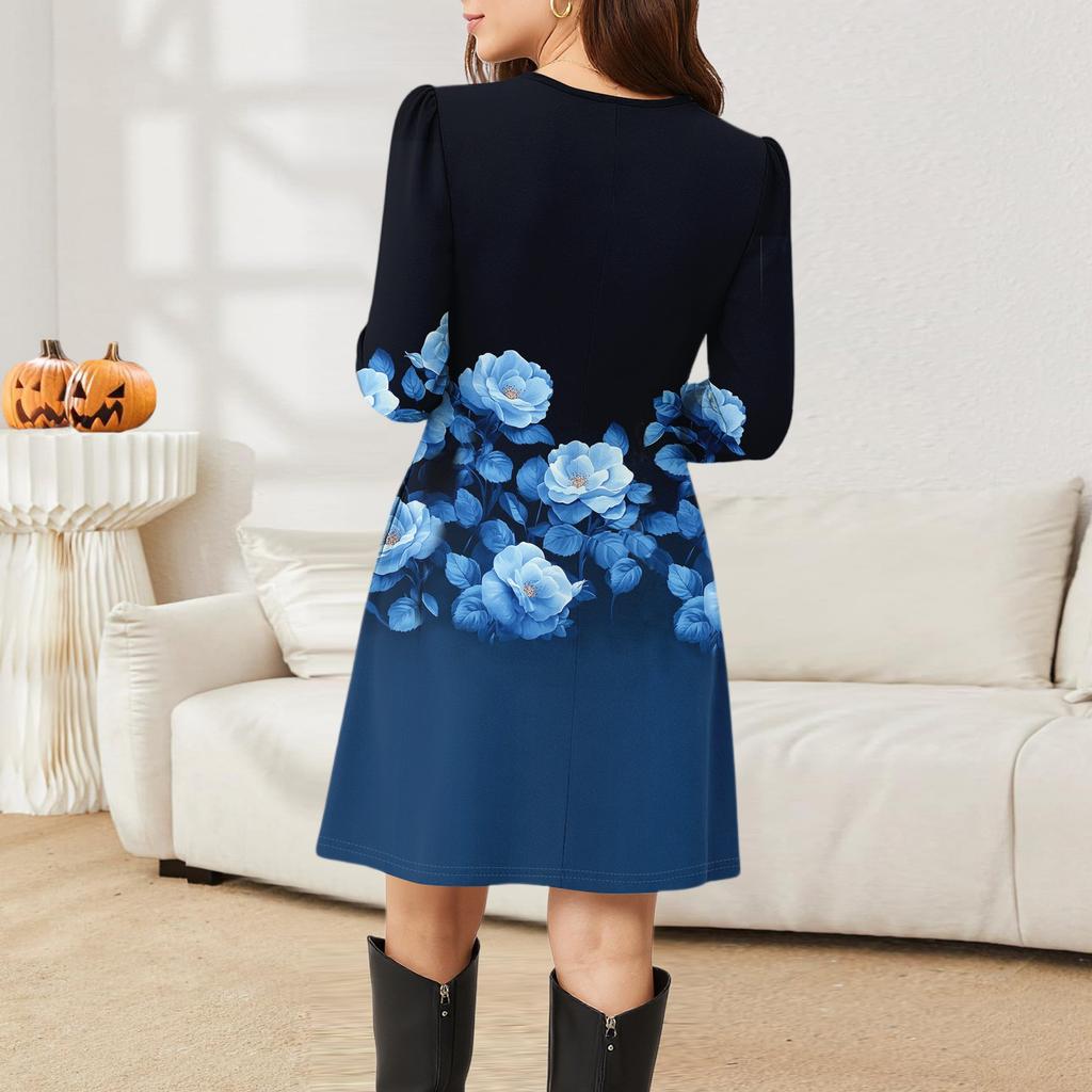 Kvinners avslappet mote langermet grafisk trykt vintage kjoler med lommer