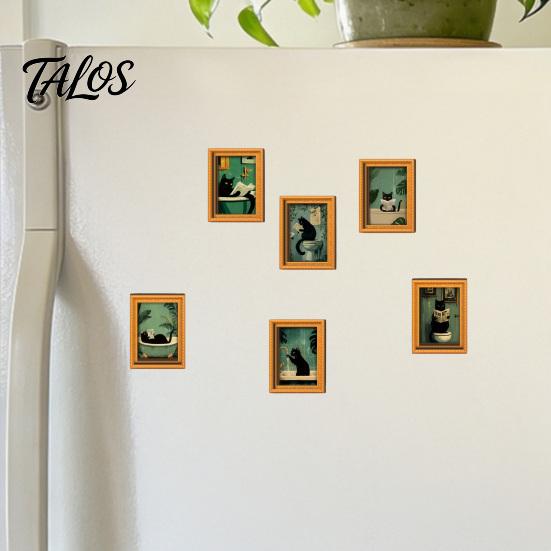 Gift for Art Lovers Funny Wooden Fridge Magnets Frame, Retro Cute Cat In Bathroom Magnetic Decorative Frames Dorm Room Refrigerator Locker Magnet