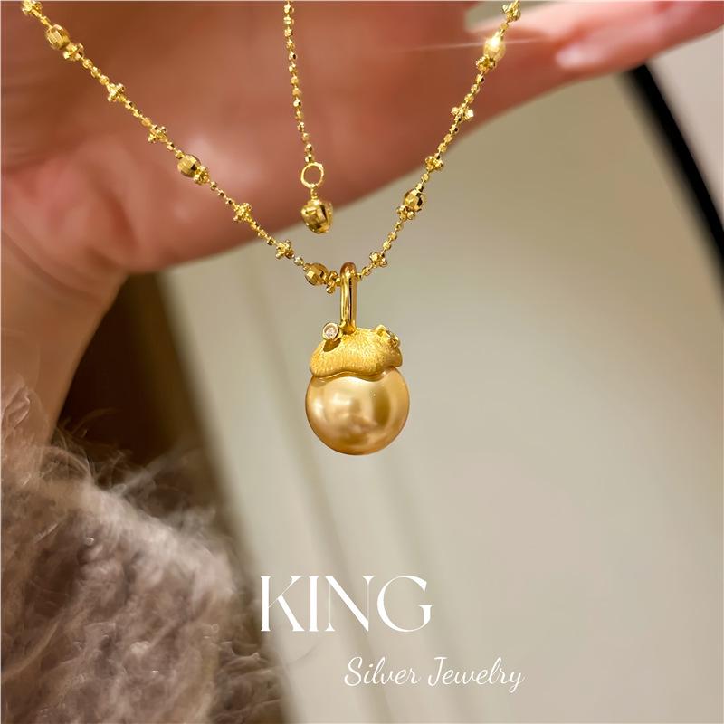 Christmas Pearl Gold Bead Necklace | 925 Silver Gold-Plated Brushed Australian Retro Fashion