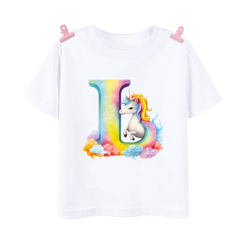 Unicorn Rainbow Initial A-Z Printed Kids Shirt Child Summer T-shirt Boys Girls Short Sleeve Tops Clothes Cute Toddles Outfit Tee