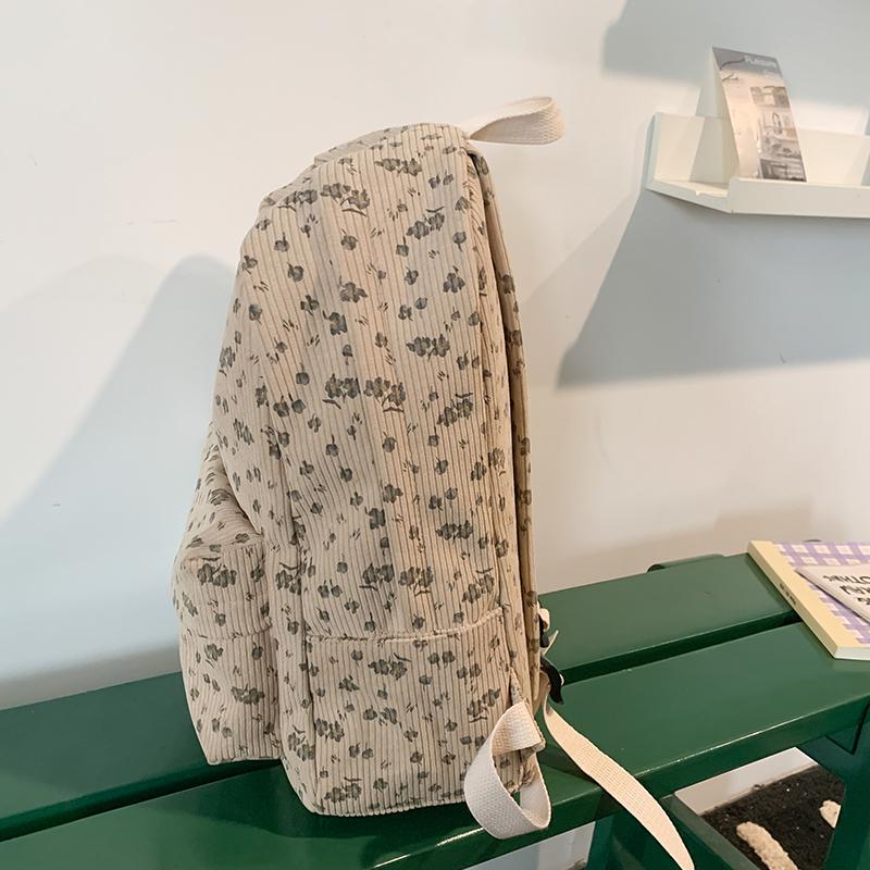 Women's Floral Print Backpack Corduroy Student School Bag Campus Large Capacity Backpack
