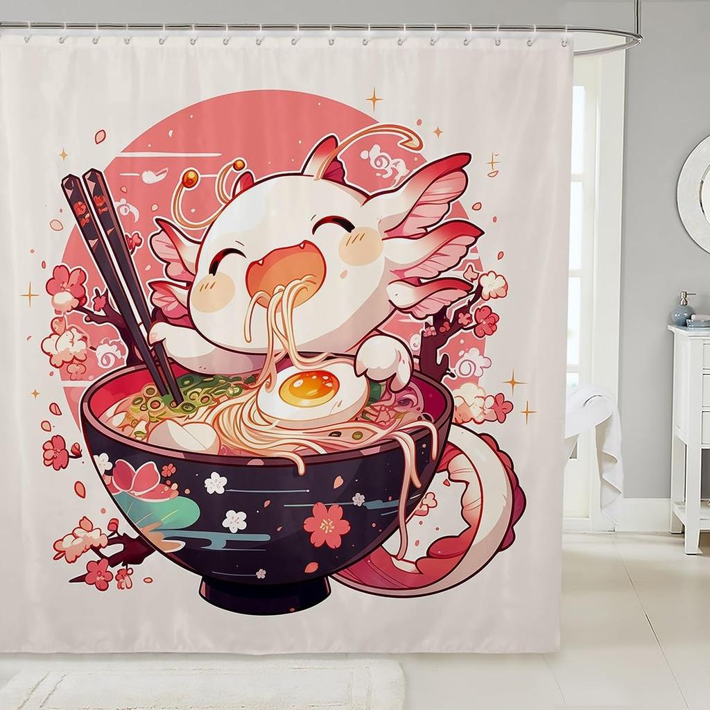 Ramen Noodle Shower Curtain Set Bathroom Decor for Kids Girls Boys,Japanese Style Bathroom Set Funny Food Fabric Shower Curtain