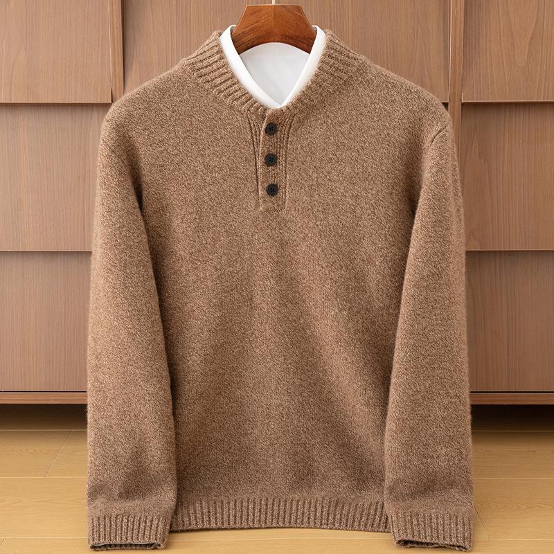Men s Cashmere Knit Stand Collar Sweater, Button-Up Half-High Neck, Thickened Loose Fit for Autumn/Winter Large