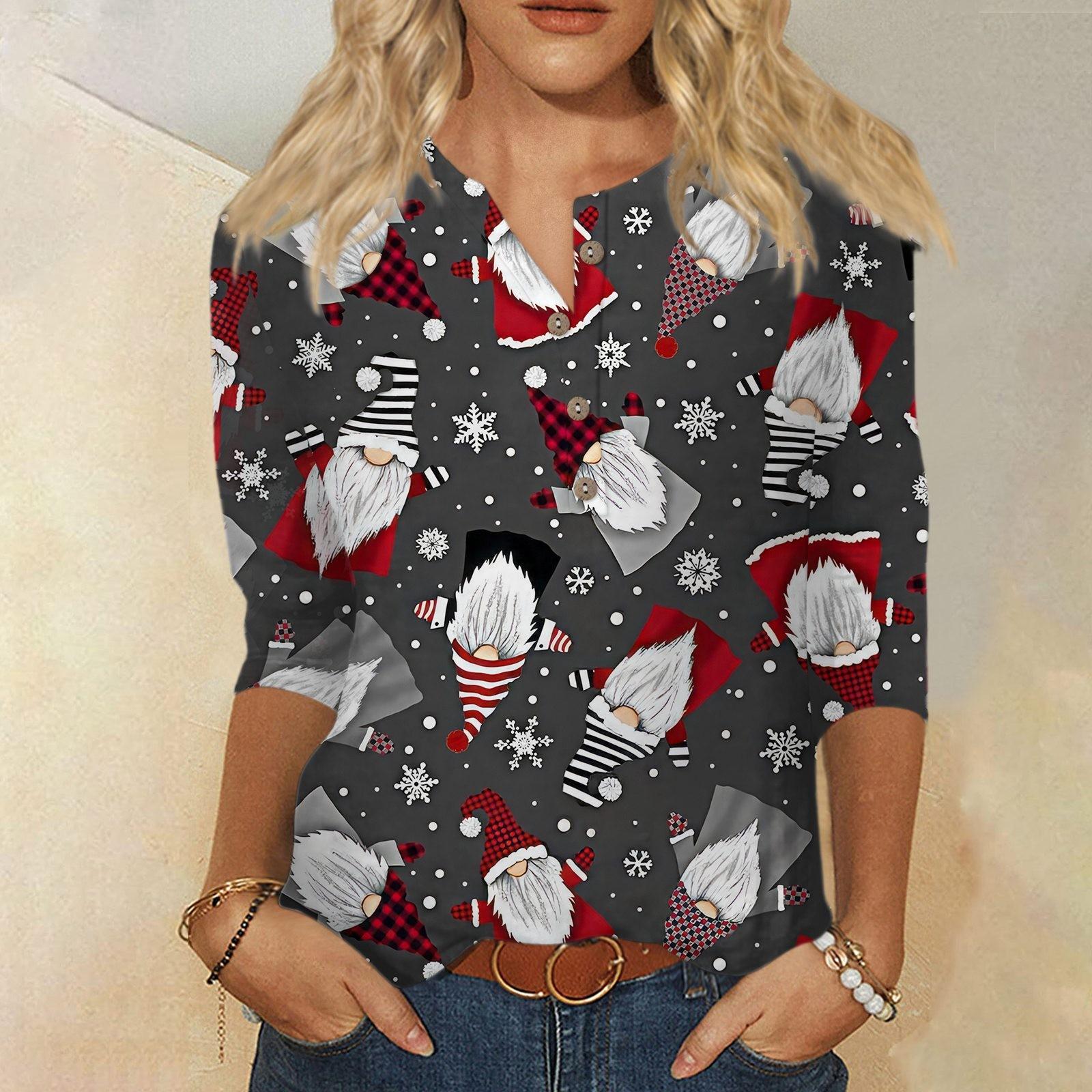 

Женская мода повседневная футболка с круглым вырезом и рукавом 3/4 на пуговицах с рождественским принтом, женская футболка XXXL