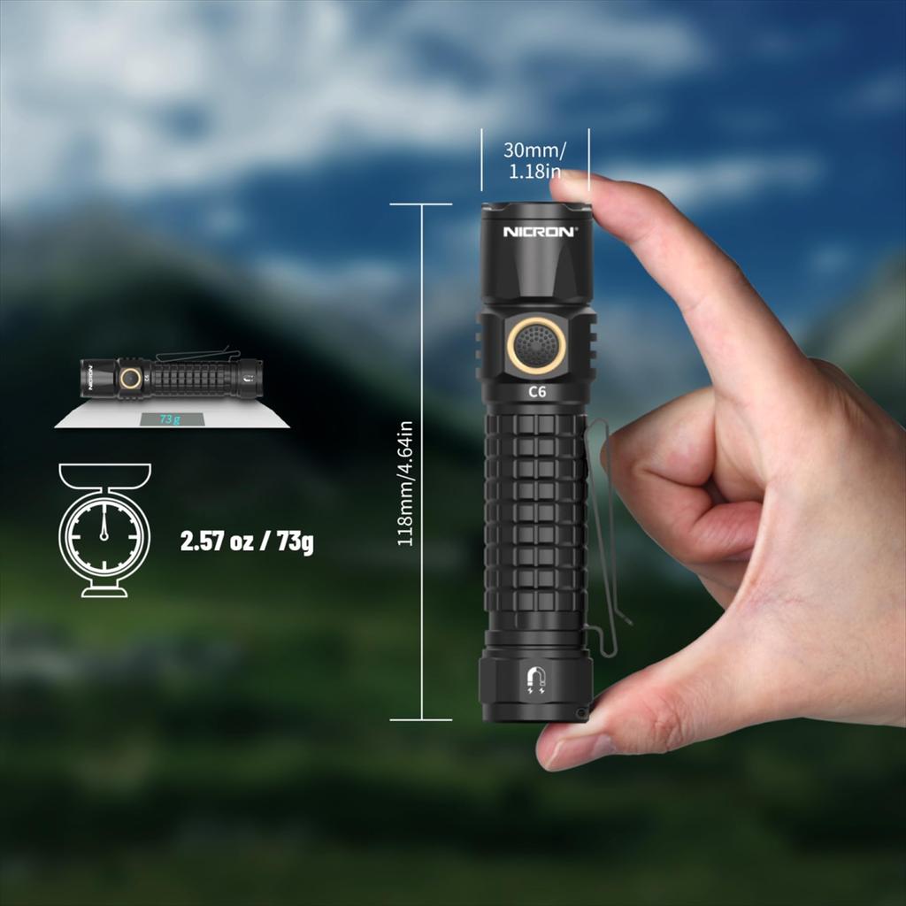 NICRON LED Handheld Flashlight with Magnetic 4 Brightness C6 Clip, Compact, Waterproof, Levels, EDC, Outdoor, Maintenance, Inspection, etc.