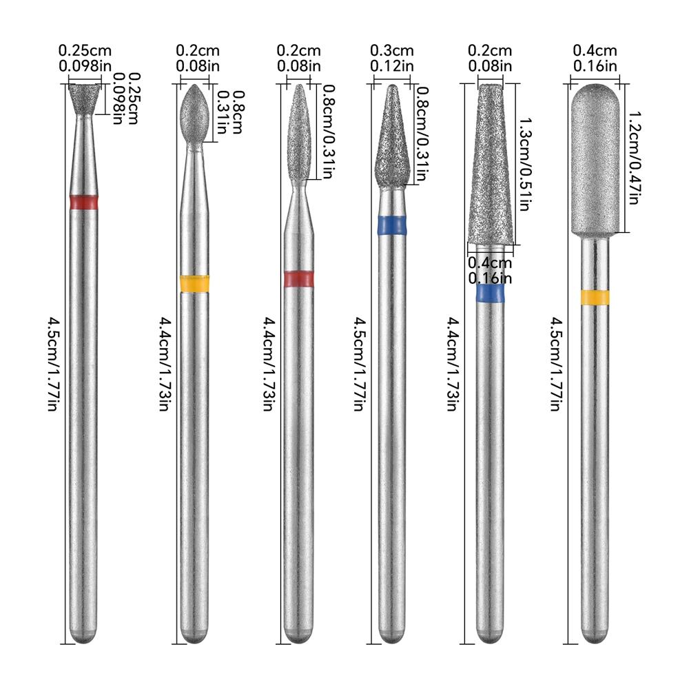 6pcs Nail Dill Bits Diamond Milling Cutter for Manicure 3/32" Burr Electric Nail File Cuticle Remover Tool