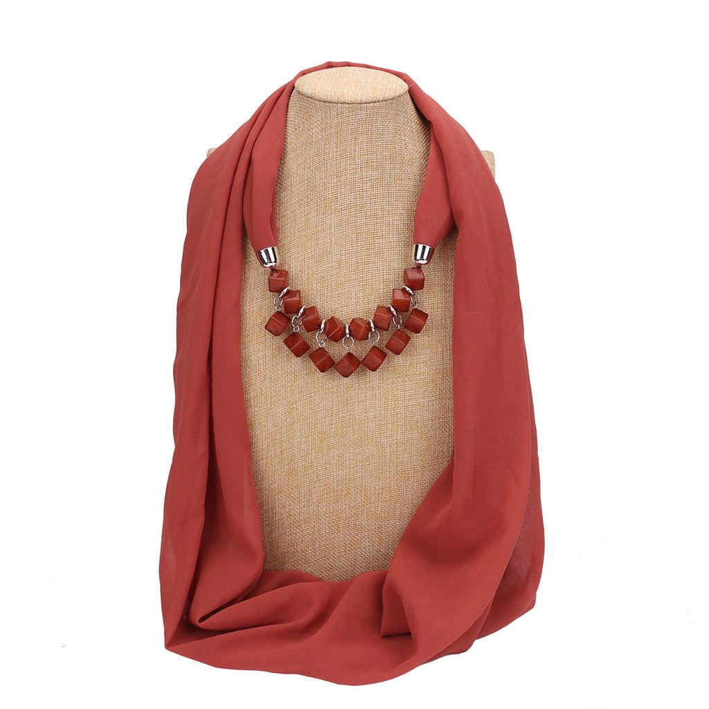 Bold Red Chiffon Scarf Necklace with Cubic Beads – Fashionable Infinity Scarf for Women, Statement Jewelry Accessory