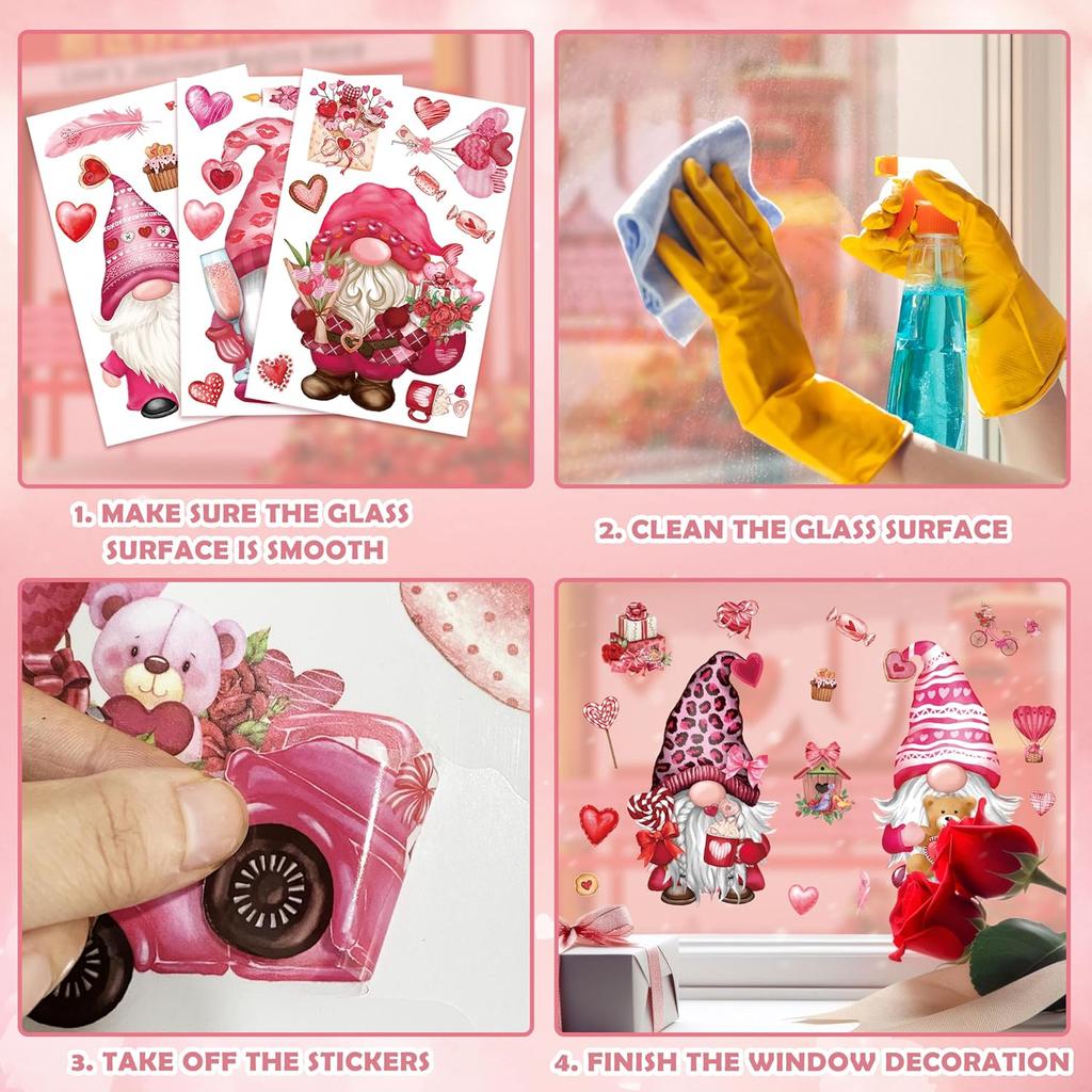 BORAMDO Valentine's Day Window Clings 12 Sheets, Happy Valentine's Day Gnome Decals Stickers, Removable Pink Decorations for Glass Windows, Holiday