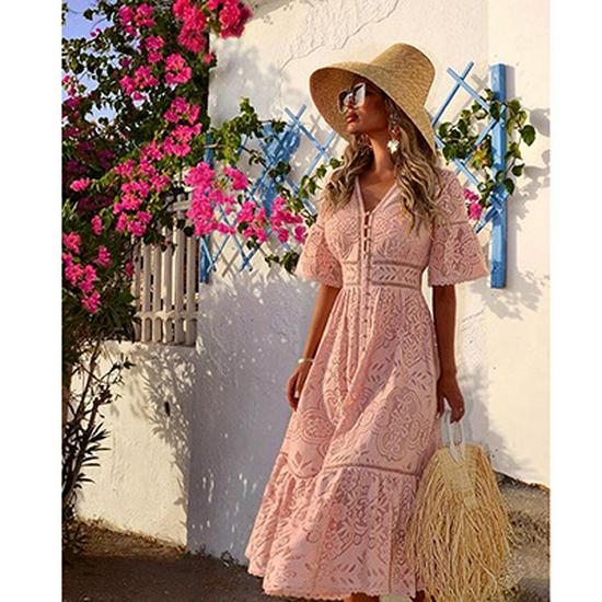 

Women s V-Neck Short Sleeve Lace Dress with Hollow Out Detailing Medium