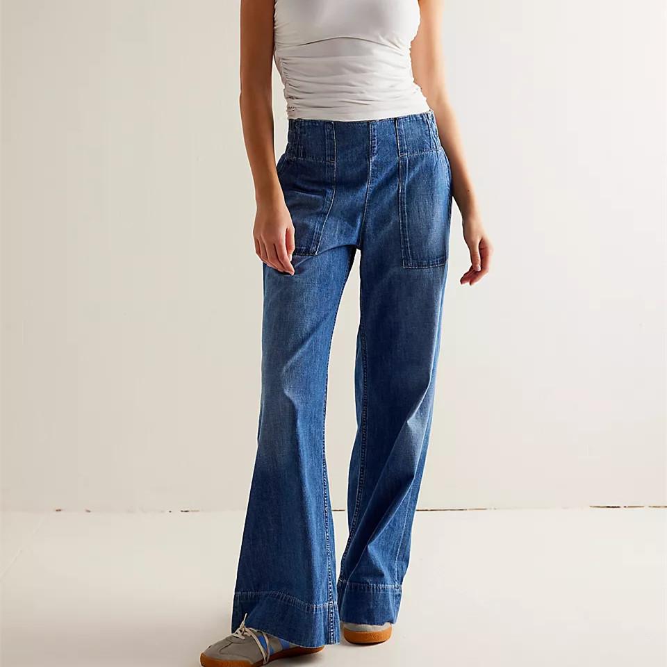 Womens Loose-Fitting Denim Pull-On Jeans Pockets High Waisted Baggy Straight Leg Stretchy Full Length Trousers Y2K Streetwear