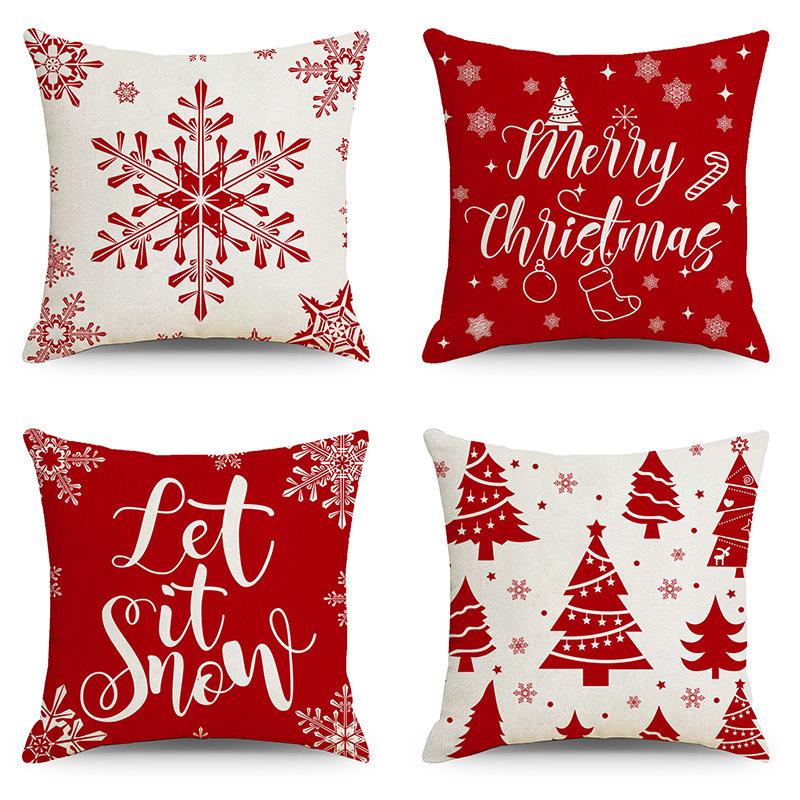 Set of 4 Trendy Christmas Pillow Covers 18x18 Red White Pillowcase Square Xmas Tree Snowflake Pattern Holiday Decor