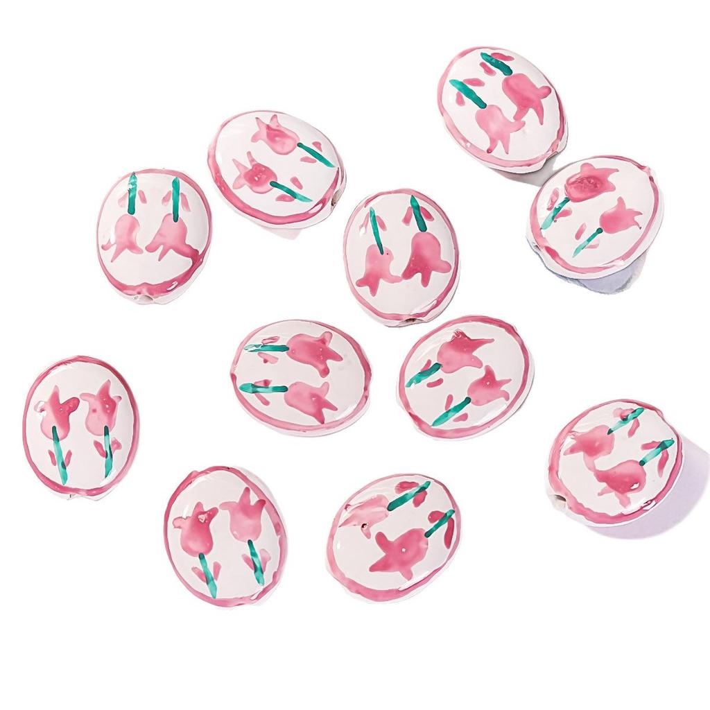 Perline in Ceramica Dipinta Tulipano e Farfalla Rosa Retrò per Braccialetti e Collane Fai da Te
