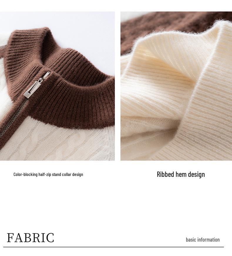 Half-Zip Color-Block Cashmere Women's Knit Sweater - Loose, Slimming, Soft, and Skin-Friendly Fashion Sweater