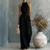 Women's Halter Neck Jumpsuit, Sleeveless Casual Wide Leg Rompers, Summer High Waist One Piece Outfits with Pockets