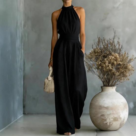 Women's Halter Neck Jumpsuit, Sleeveless Casual Wide Leg Rompers, Summer High Waist One Piece Outfits with Pockets