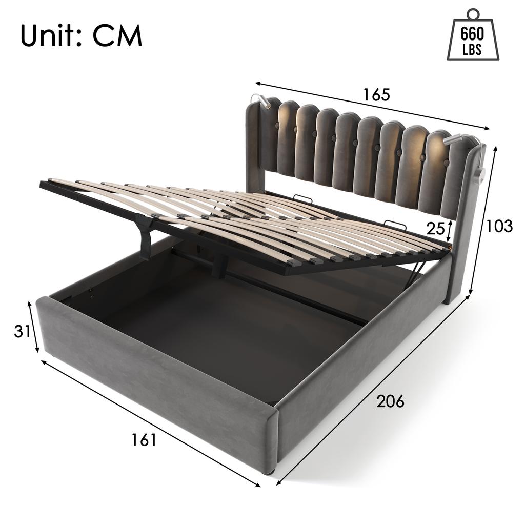Upholstered Bed Reading Light with Charging Function Headboard Storage Bed Frame Velvet Youth Bed 160x200 with Slatted Frame, Grey (Without Mattress)