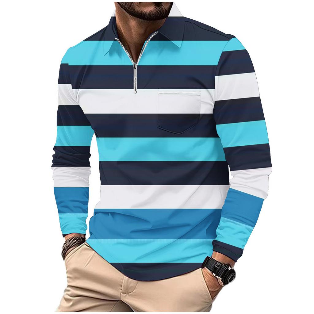Fashion Polo Shirt Men's Printed Long Sleeve Zip Pocket Sports Polo Shirt Men's Striped Sweatshirt