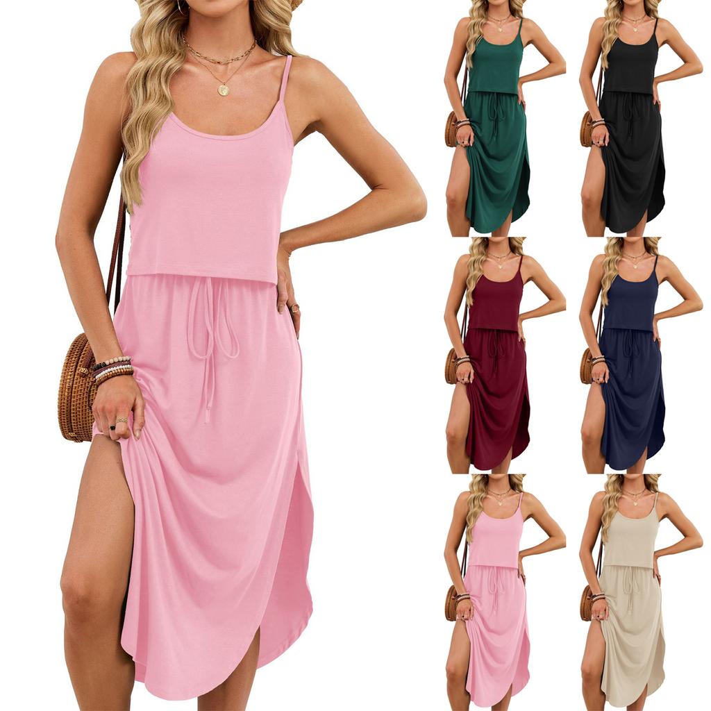 Women's Fashionable Summer Vacation Color Round Neck Sleeveless Suspender Hem Slit Dress