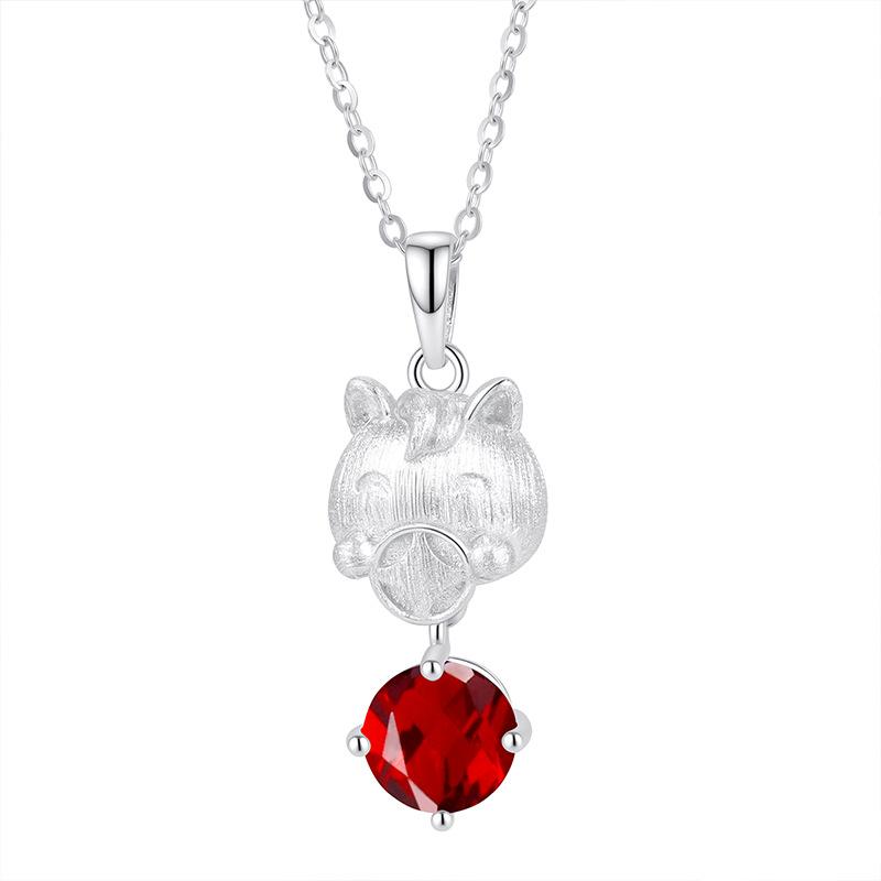 S925 Sterling Silver Horse Pendant Necklace Natural Crystal/Garnet Brushed Process Jewelry for Women