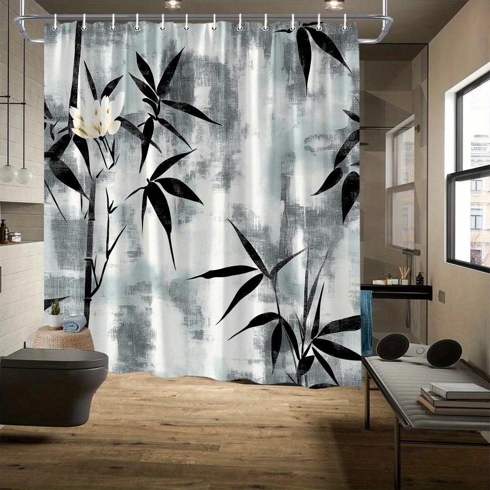 Bamboo Minimalist Shower Curtain, Monochromatic Bamboo & White Flowers, Fade-Resistant Polyester, Calming Bath Decor