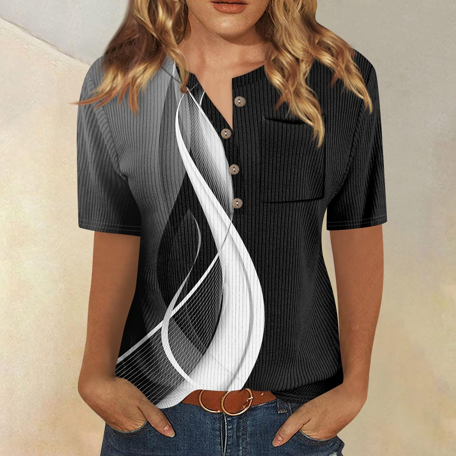 

Футболки для женщин, плиссированные, с V-образным вырезом, нарядные, повседневные блузки с принтом, короткие рукава, летние топы, свободный крой L чёрный