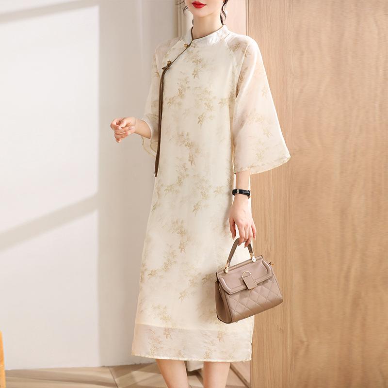 2024 Summer Chinese Stand Collar Printed Dress, Loose Fit, Three-Quarter Sleeves. XL