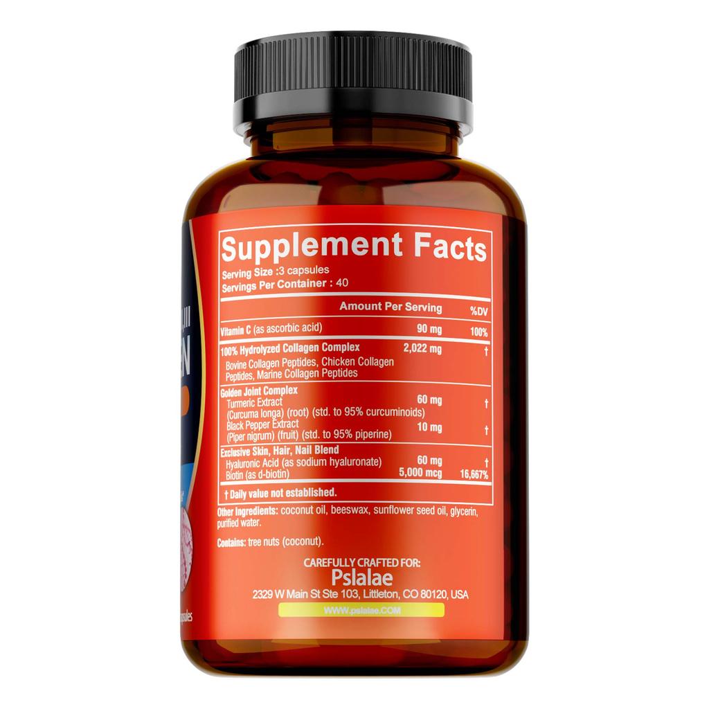 Complex Collagen Capsules Containing Hyaluronic Acid and Biotin Are All-natural and Support Skin Health.