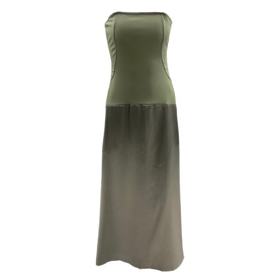 Women's Strapless Tube Top Maxi Dress Off Shoulder Patchwork Evening Dress Satin Bodycon