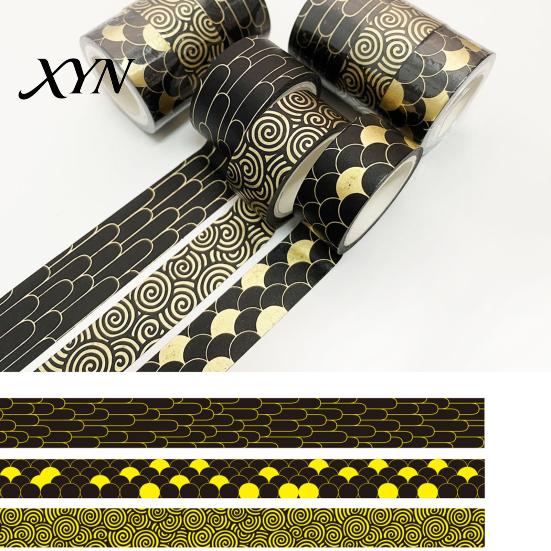 Adhesive Washi Tape 3 Rolls Golden Foil Tape, Retro Plaid Leaf Pattern Decorative Vintage Masking for DIY Crafts, Journal, Planner, Scrapbooking