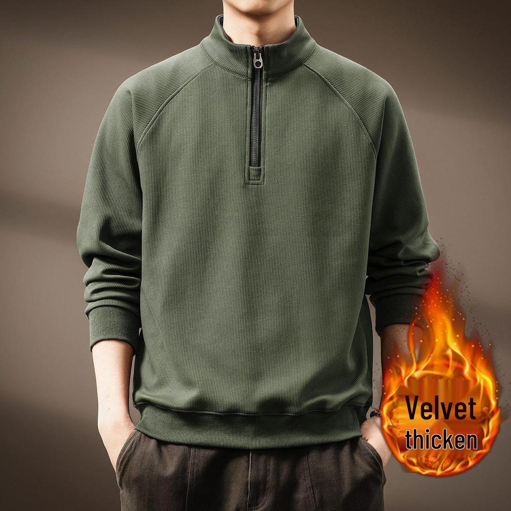 Men's Retro Half-Zip Heavyweight Hoodie - Winter Velvet, Loose Fit, Stand Collar, Large Size.