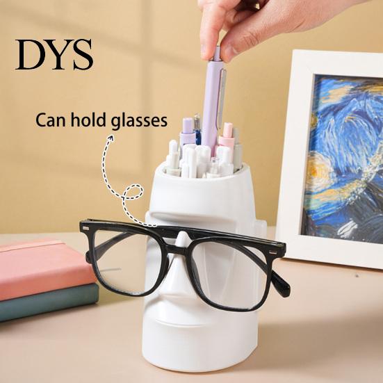 Desk Storage Box Resin Glass Stand Pen Holder, Moai Statue Pencil Container, Desktop Cup Stationery Organizer Eyeglass Display Rack for Home Office