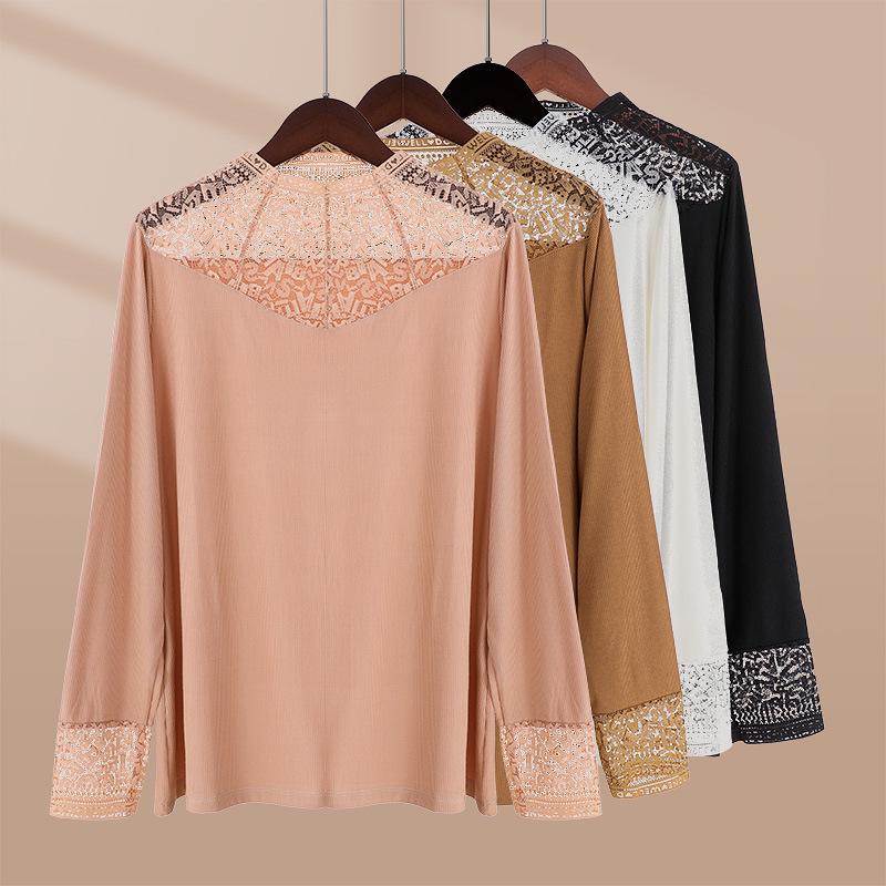 Yanzhiban 2024 Primăvară Top de Bază cu Dantelă Mărimi Mari - Gât Semi-Înalt, Mânecă Lungă.
