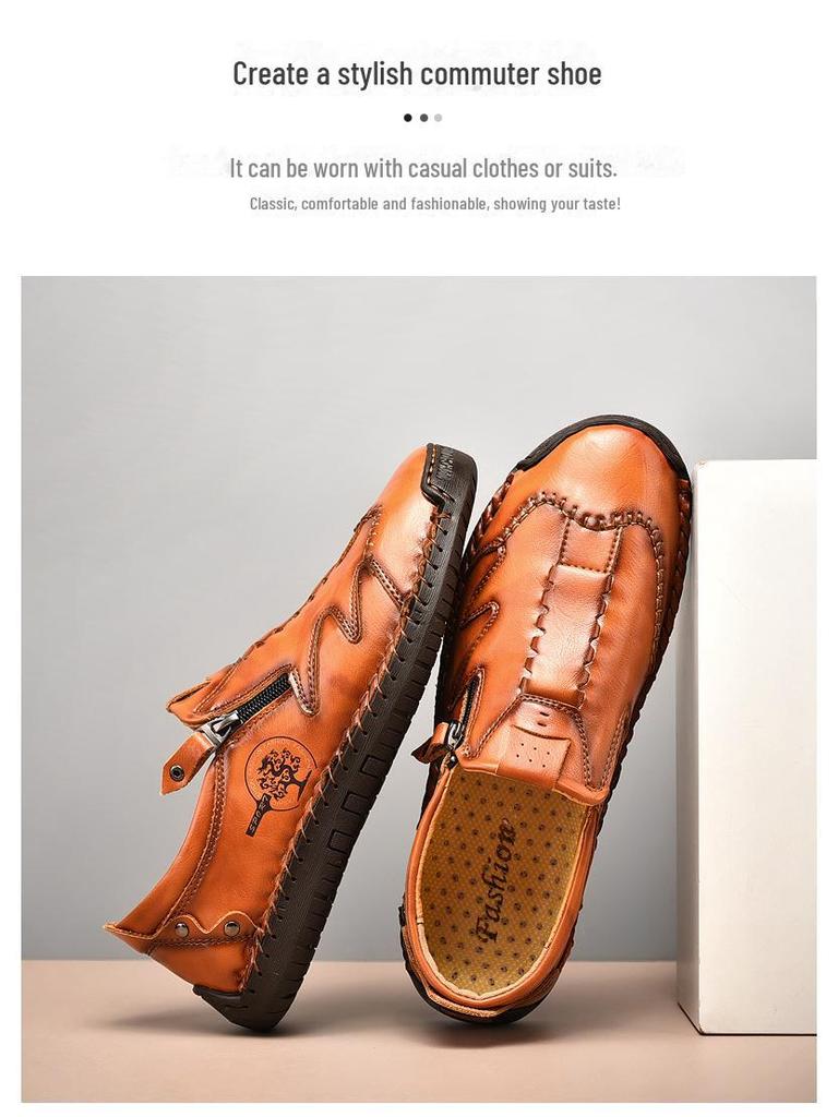 Men's Spring & Autumn Slip-On Fashionable Zipper Leather Loafers - Toe Design, Casual, Handmade, Large Sizes Available