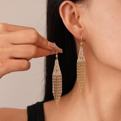 Luxury Gold Color Crystal Tassel Drop Earrings Shiny Zircon Long Fringe Dangle Earrings for Women Charm Wedding Party Jewelry