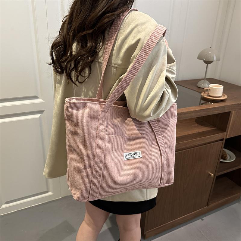 Autumn Vintage Women Corduroy Shoulder Bags Simple Solid Color Ladies Tote Bag Large Capacity Thread Design Female Handbags