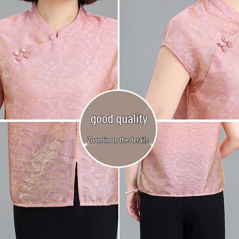 Mom's Chic Summer Chinese Style Two-Piece Short-Sleeve Top for Middle-Aged Women