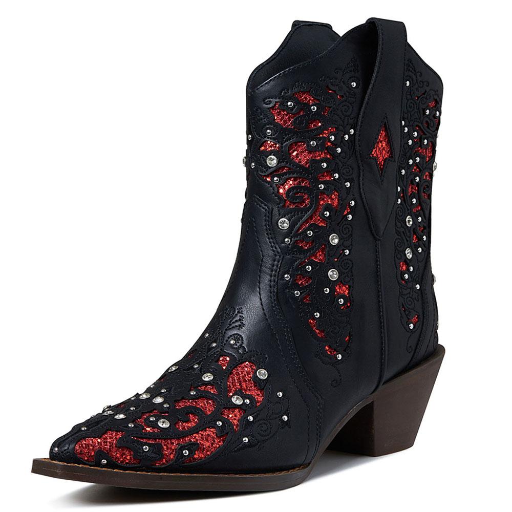 

DoraTasia вышитые остроносые женские ботильоны на толстом высоком каблуке без застежек со стразами в стиле вестерн для женщин модная ретро-обувь 6.5