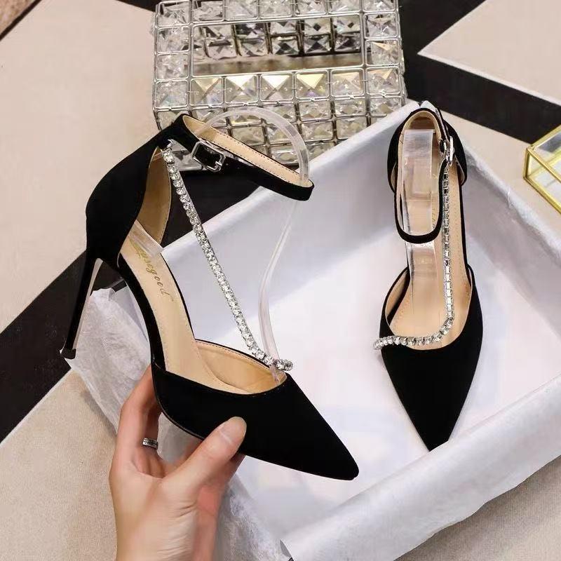 Women's Black Stiletto Heels 2025: Fashionable Pointed Toe, One-Strap Buckle, Rhinestone Closed-Toe Sandals.