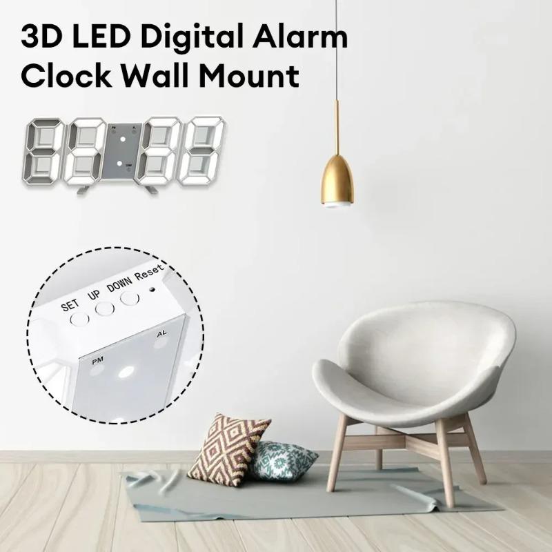 3D LED Digital Alarm Clock Wall/Table Dual-Use with Time/Date/Temperature Modern Decor for Home Bedroom Living Room Office